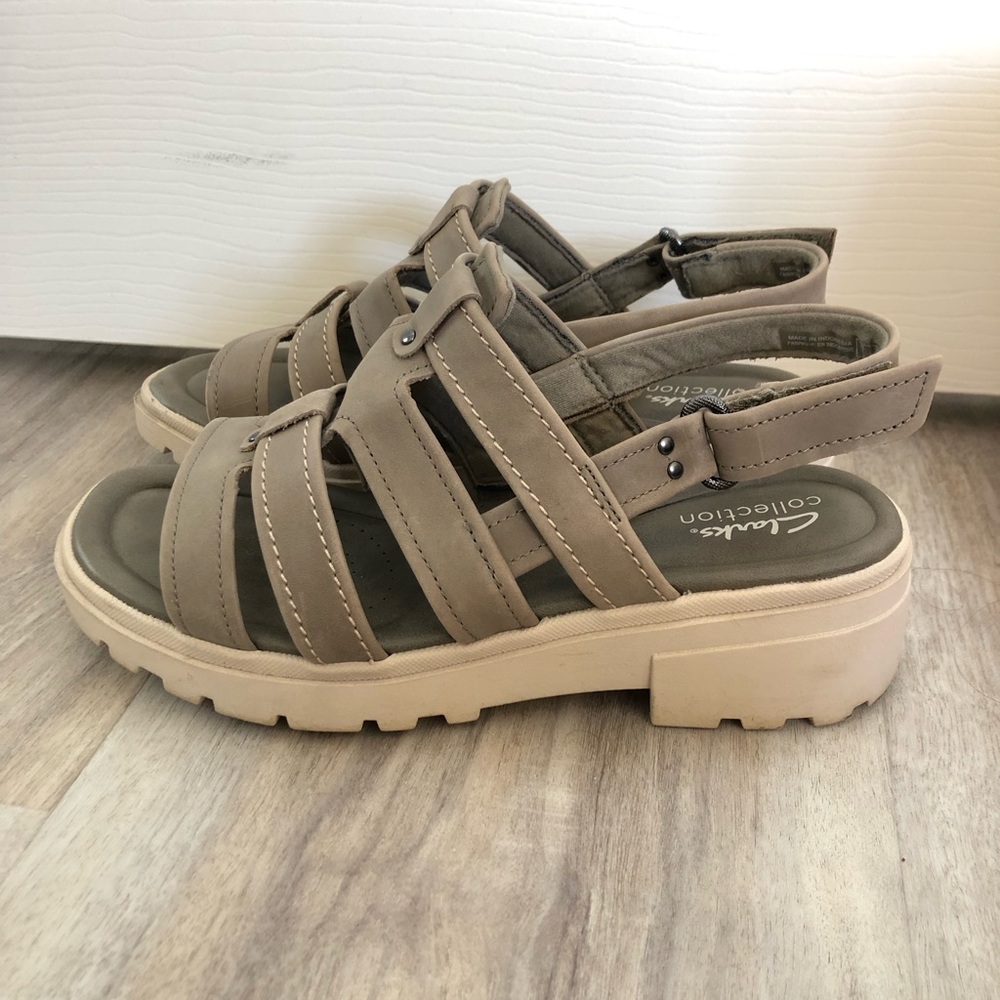 Clarks Taupe Gray Leather Velcro Sandals - Size 8.5 -Short heel, Comfort, Casual